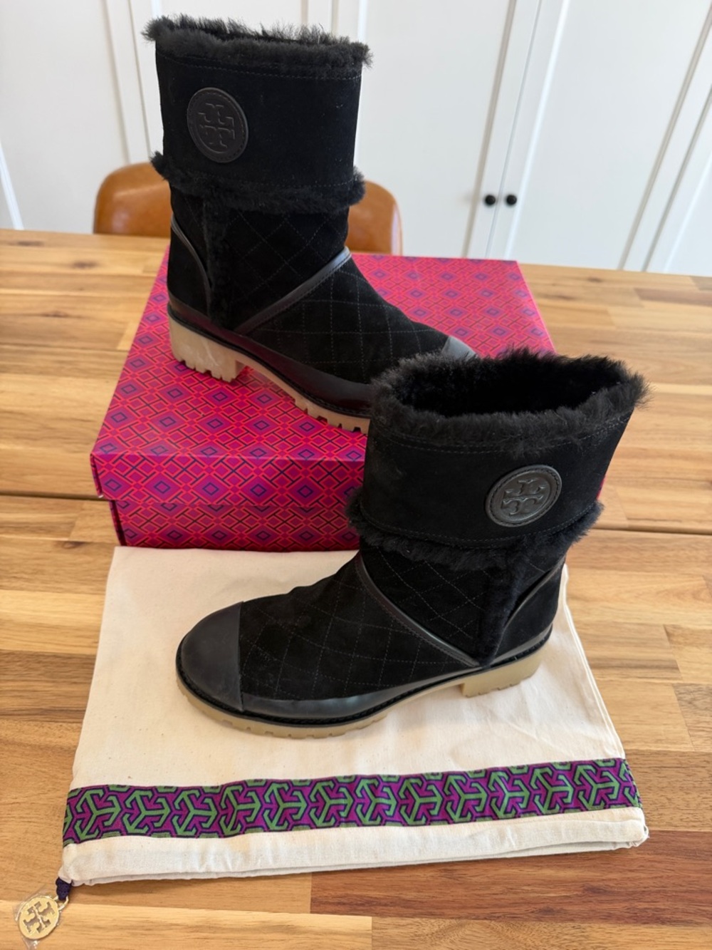 Tory Burch Black Quilted Suede Shearling-Trim Winter Boots